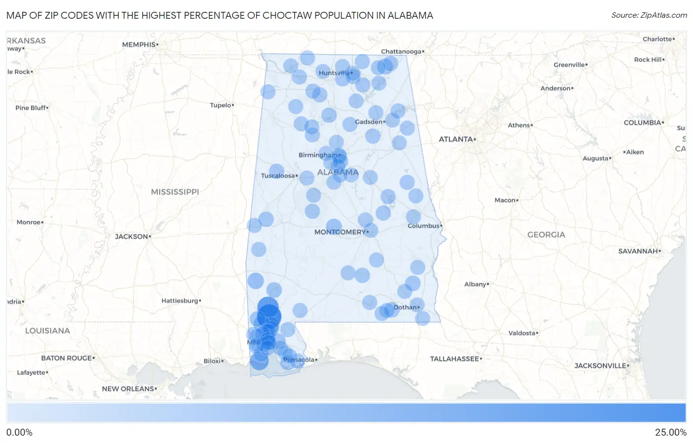 Zip Codes with the Highest Percentage of Choctaw Population in Alabama Map