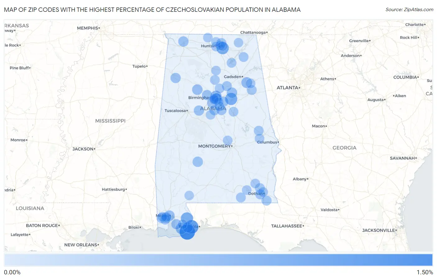 Zip Codes with the Highest Percentage of Czechoslovakian Population in Alabama Map