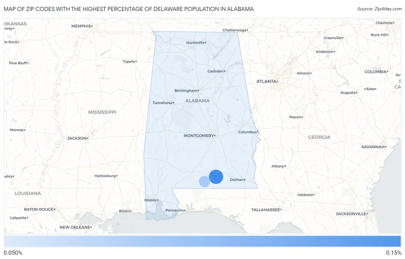 Zip Codes with the Highest Percentage of Delaware Population in Alabama Map