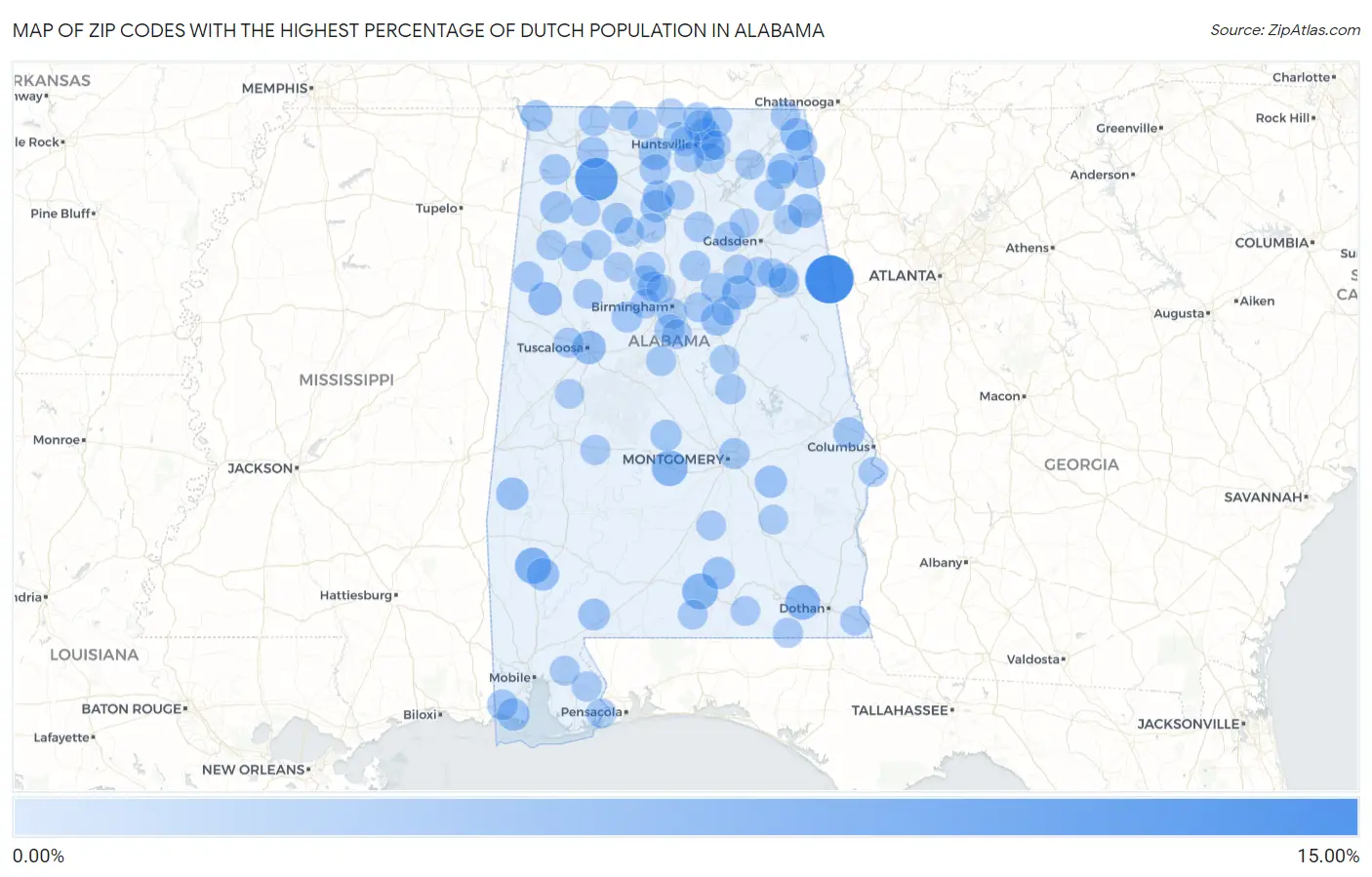 Zip Codes with the Highest Percentage of Dutch Population in Alabama Map