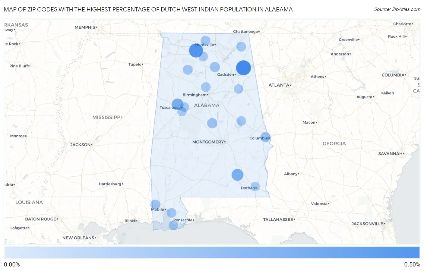 Zip Codes with the Highest Percentage of Dutch West Indian Population in Alabama Map