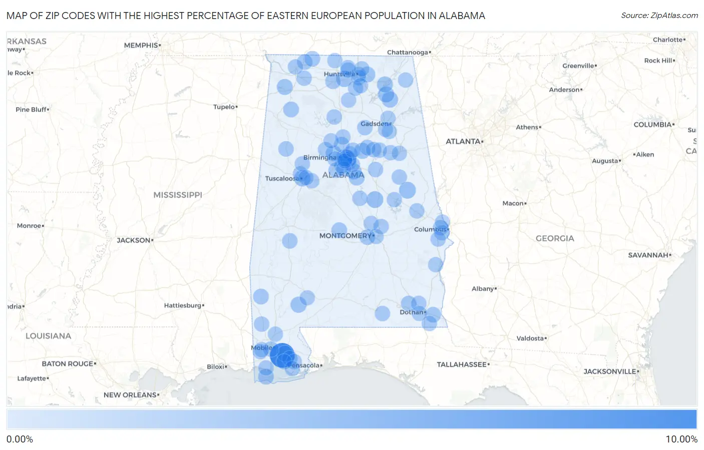 Zip Codes with the Highest Percentage of Eastern European Population in Alabama Map