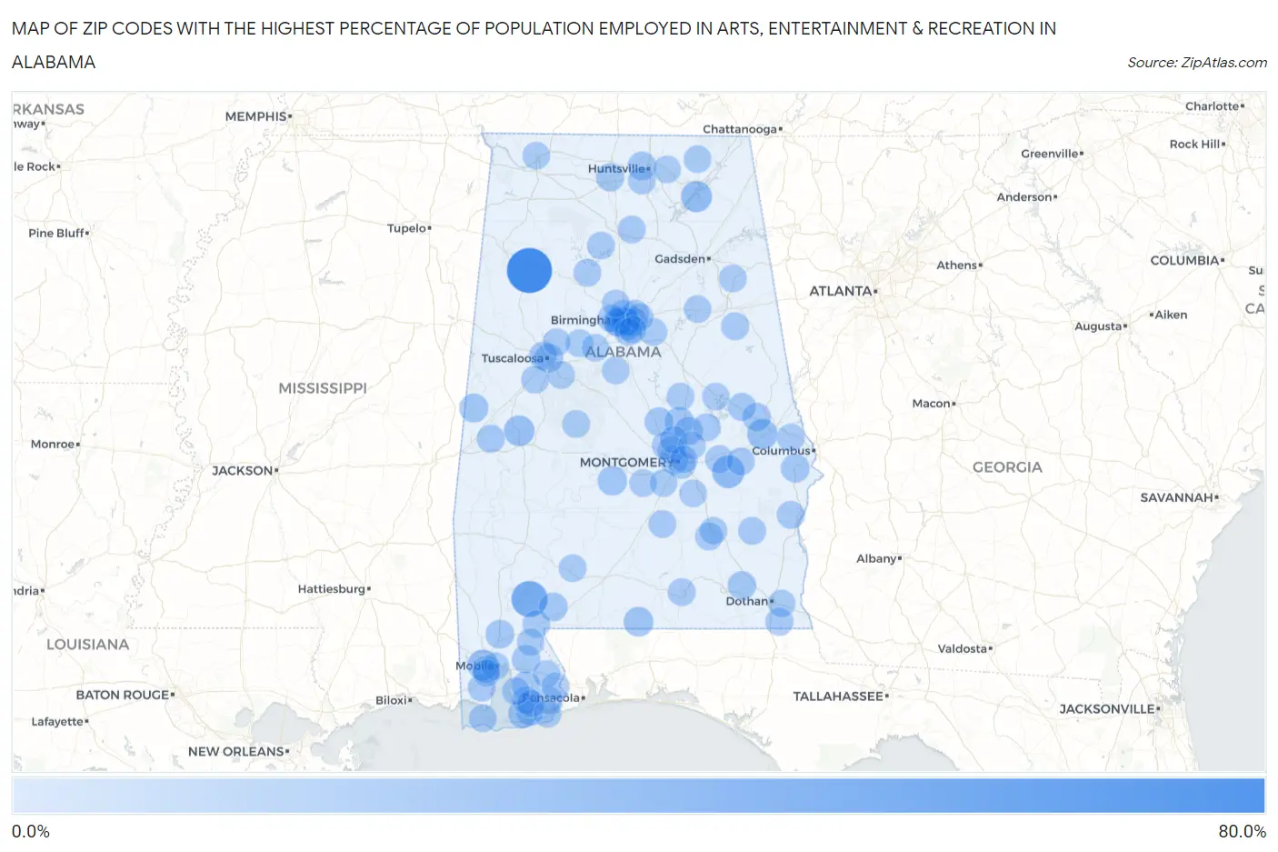 Zip Codes with the Highest Percentage of Population Employed in Arts, Entertainment & Recreation in Alabama Map
