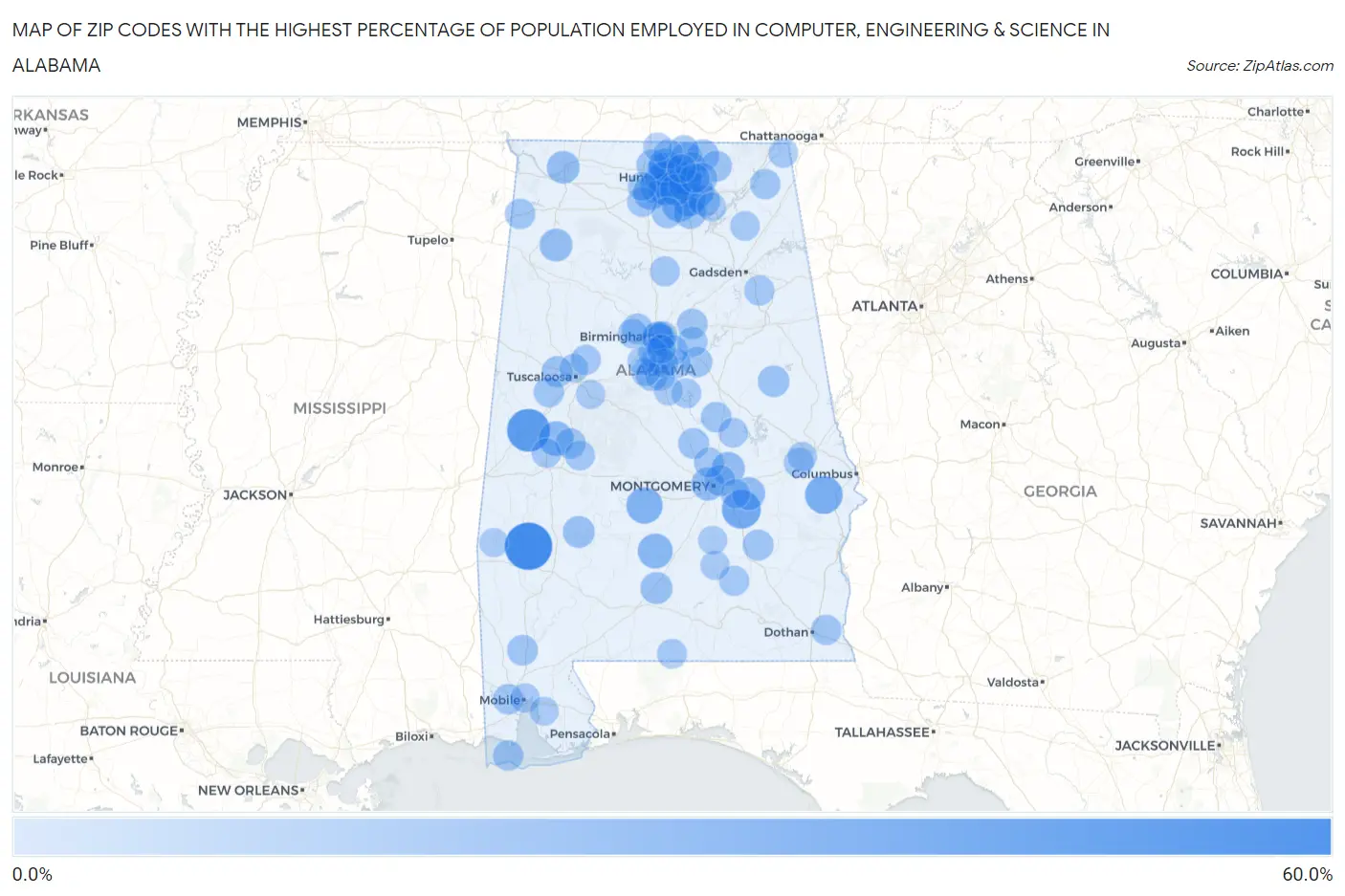 Zip Codes with the Highest Percentage of Population Employed in Computer, Engineering & Science in Alabama Map