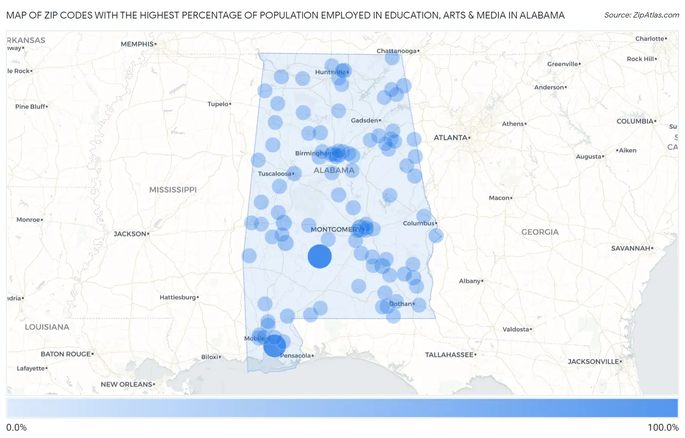Zip Codes with the Highest Percentage of Population Employed in Education, Arts & Media in Alabama Map