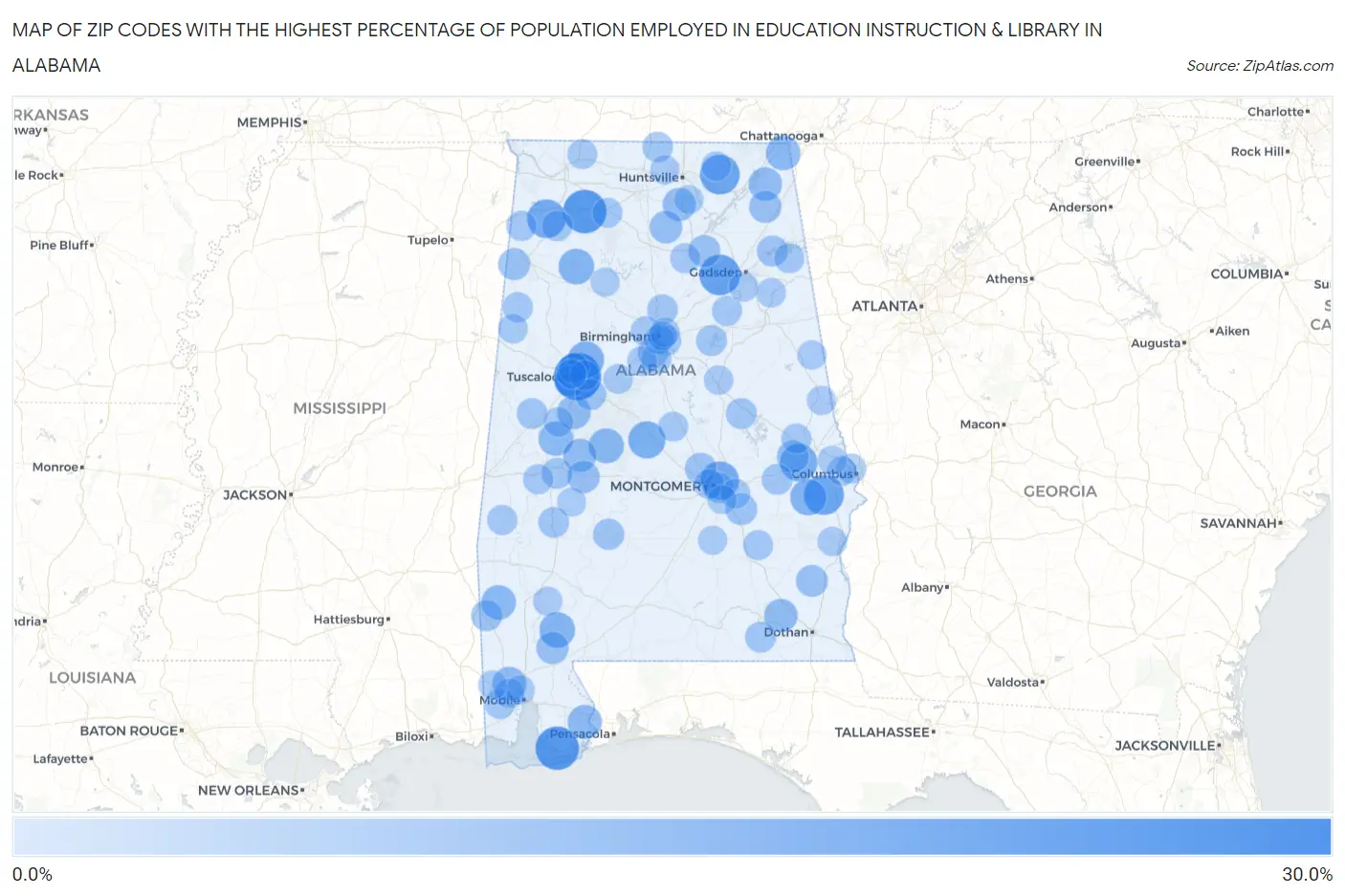 Zip Codes with the Highest Percentage of Population Employed in Education Instruction & Library in Alabama Map