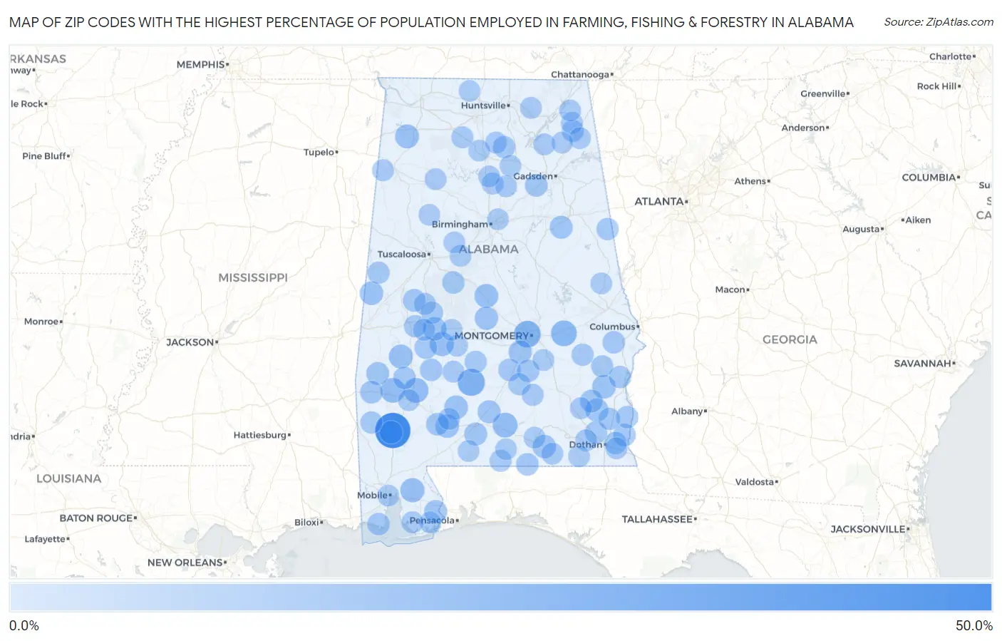Zip Codes with the Highest Percentage of Population Employed in Farming, Fishing & Forestry in Alabama Map
