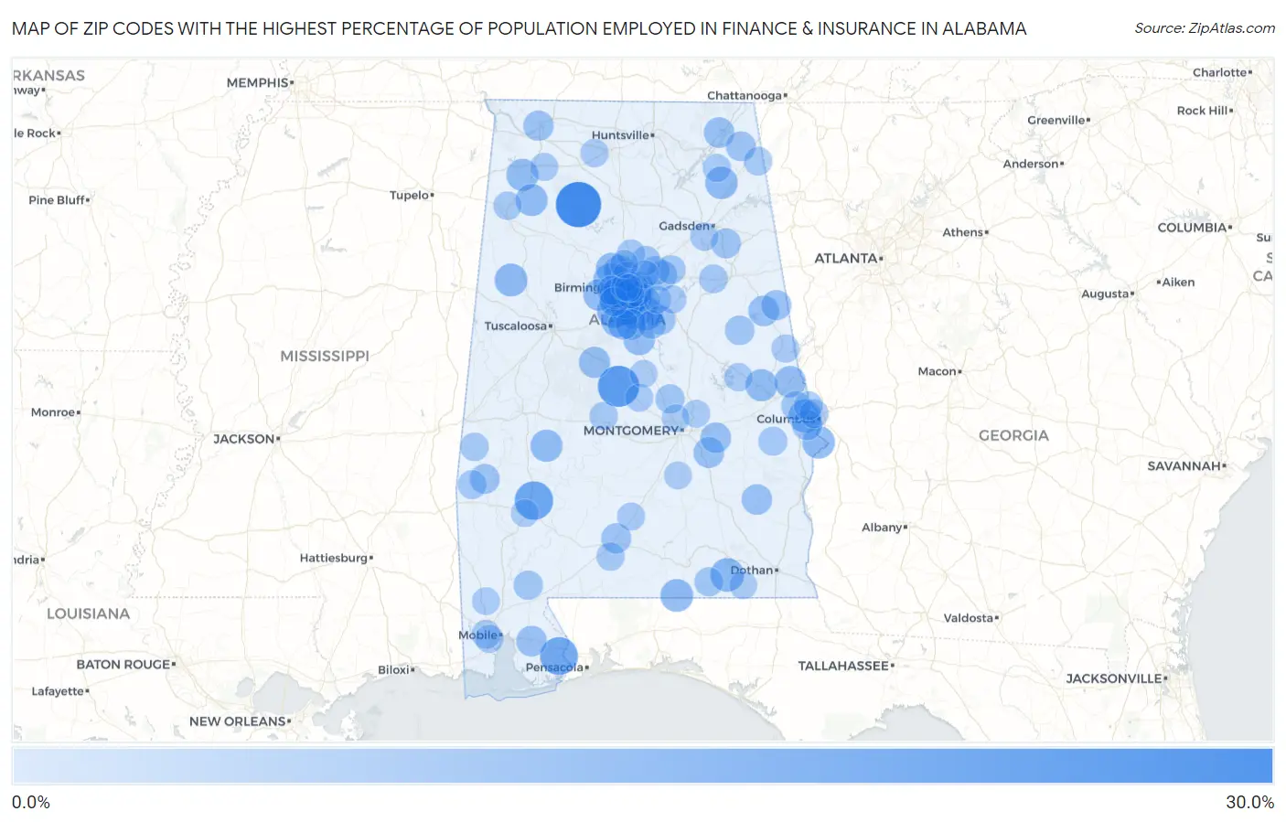 Zip Codes with the Highest Percentage of Population Employed in Finance & Insurance in Alabama Map