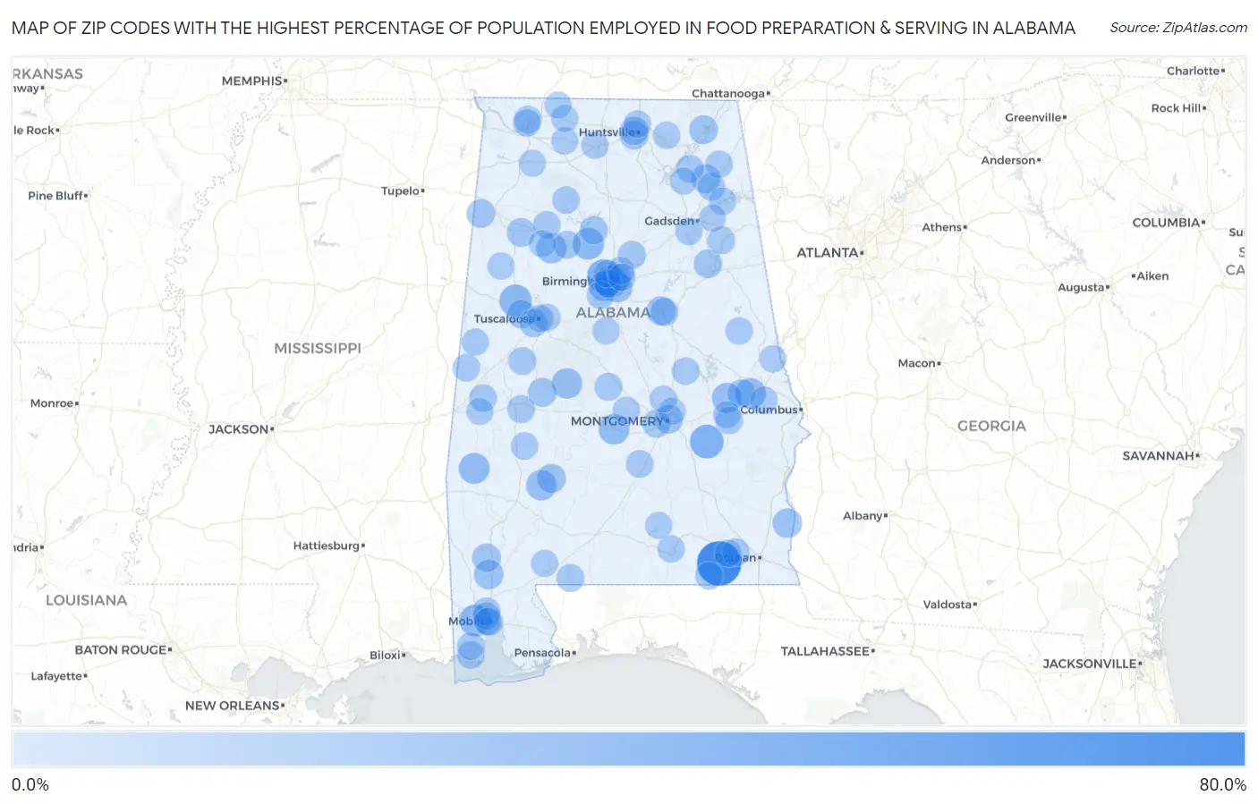 Zip Codes with the Highest Percentage of Population Employed in Food Preparation & Serving in Alabama Map