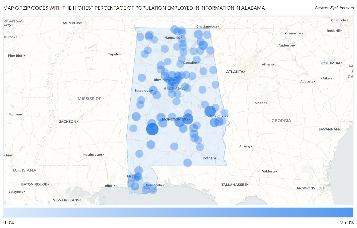Zip Codes with the Highest Percentage of Population Employed in Information in Alabama Map