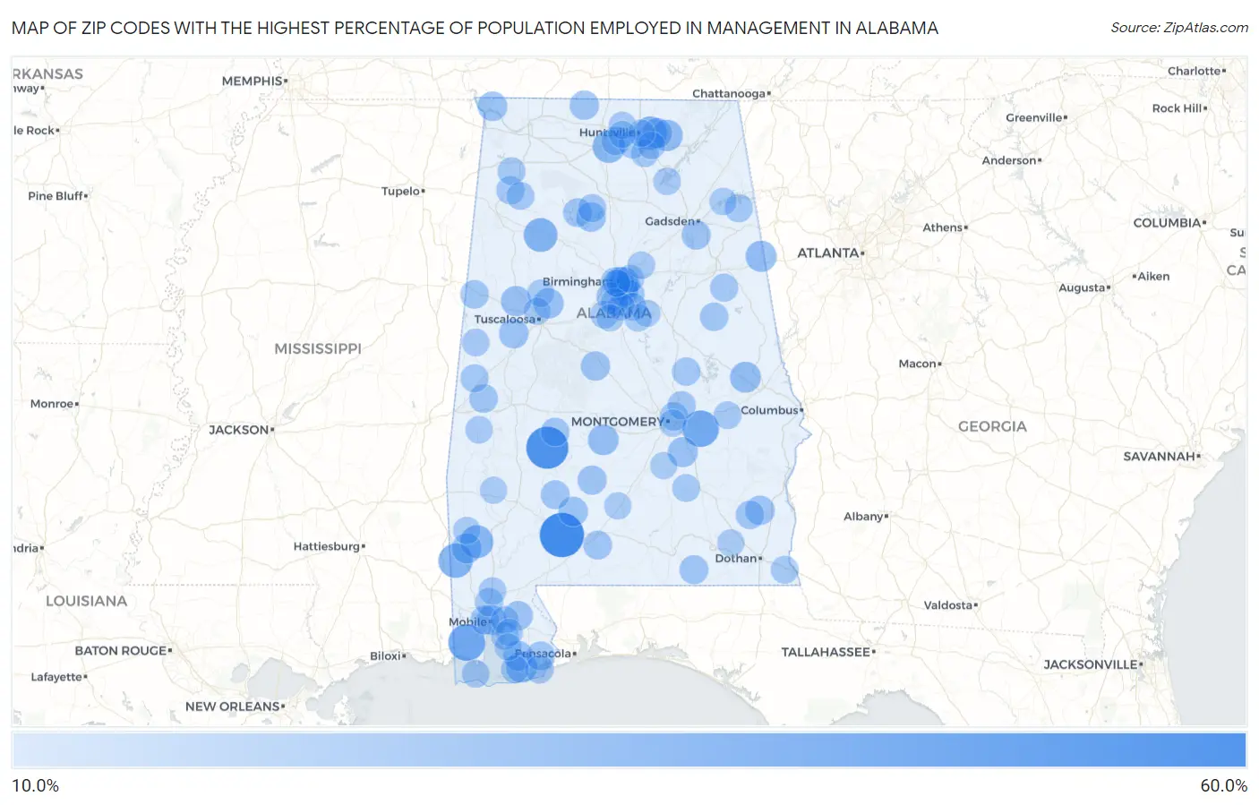 Zip Codes with the Highest Percentage of Population Employed in Management in Alabama Map