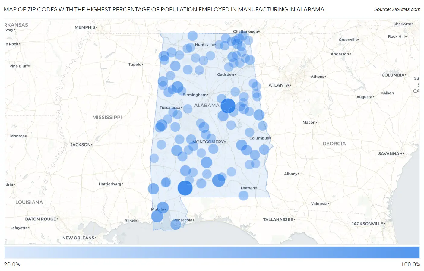Zip Codes with the Highest Percentage of Population Employed in Manufacturing in Alabama Map