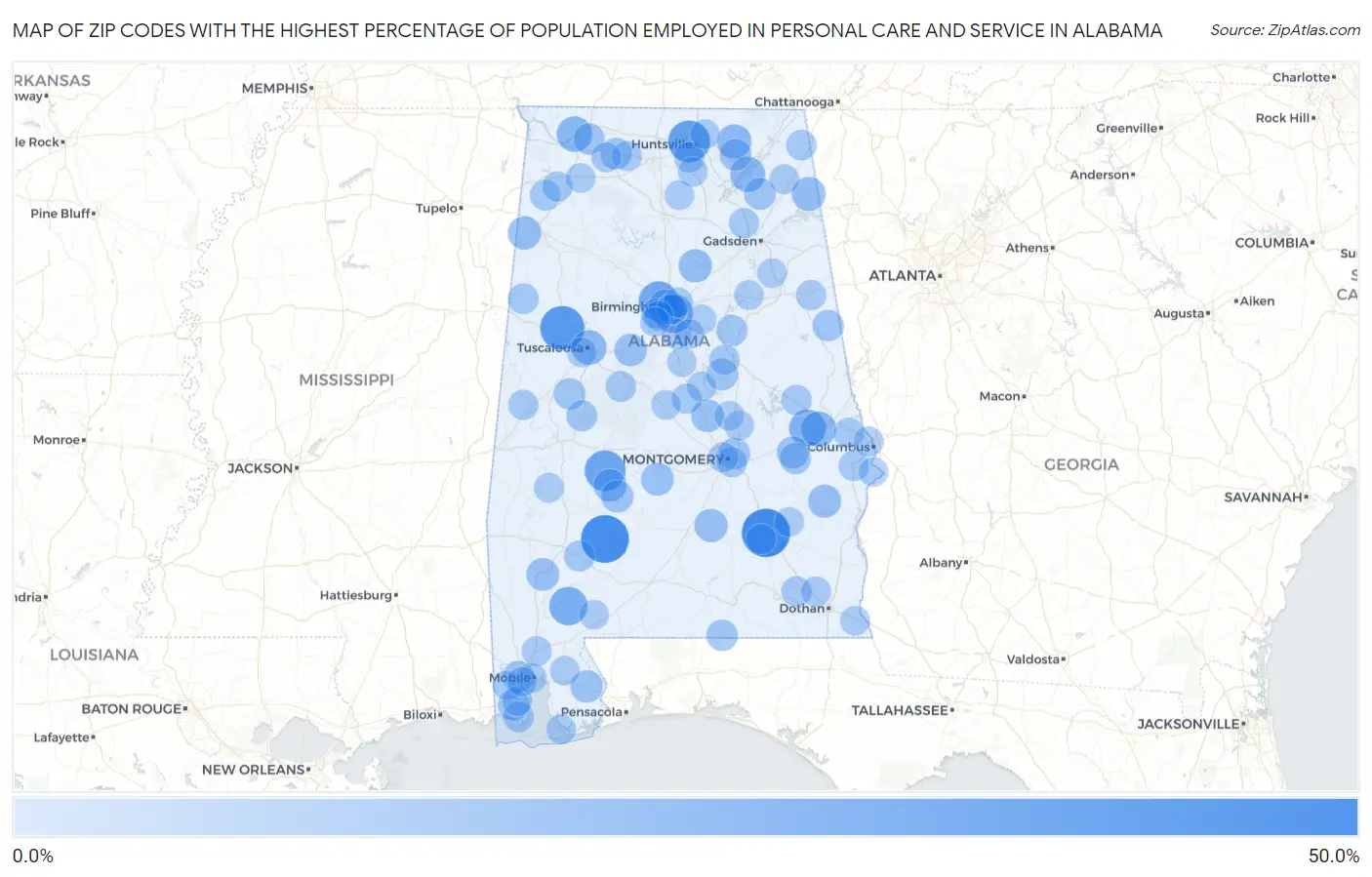 Zip Codes with the Highest Percentage of Population Employed in Personal Care and Service in Alabama Map