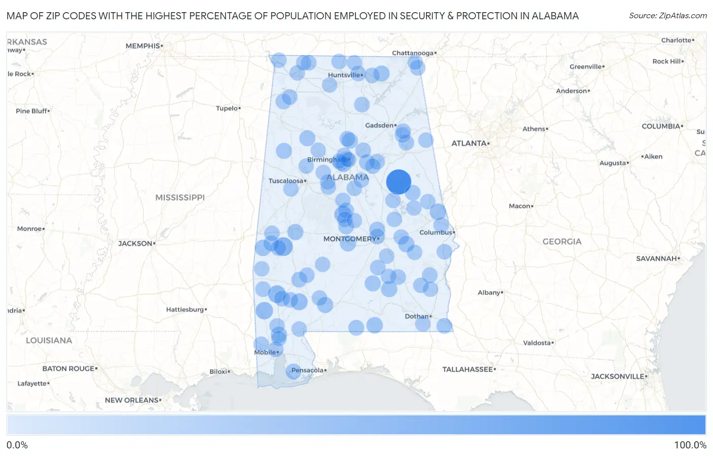 Zip Codes with the Highest Percentage of Population Employed in Security & Protection in Alabama Map