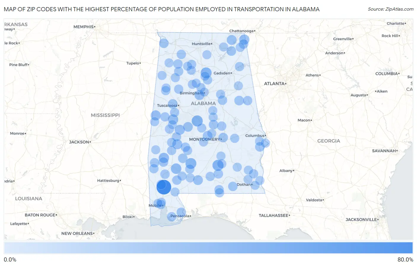 Zip Codes with the Highest Percentage of Population Employed in Transportation in Alabama Map