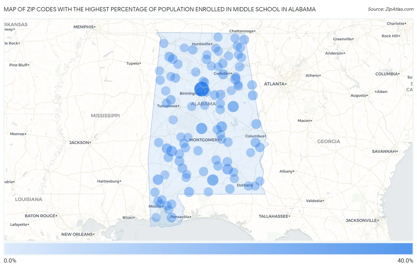 Zip Codes with the Highest Percentage of Population Enrolled in Middle School in Alabama Map