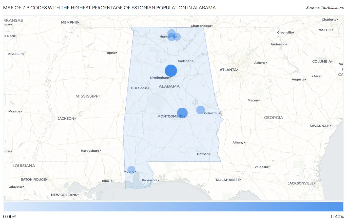 Zip Codes with the Highest Percentage of Estonian Population in Alabama Map