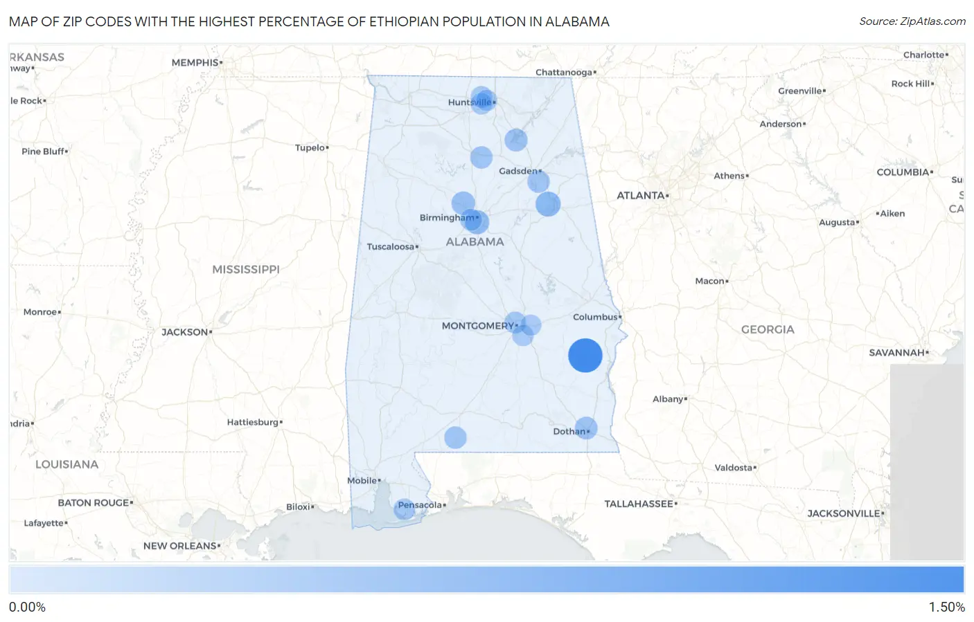 Zip Codes with the Highest Percentage of Ethiopian Population in Alabama Map