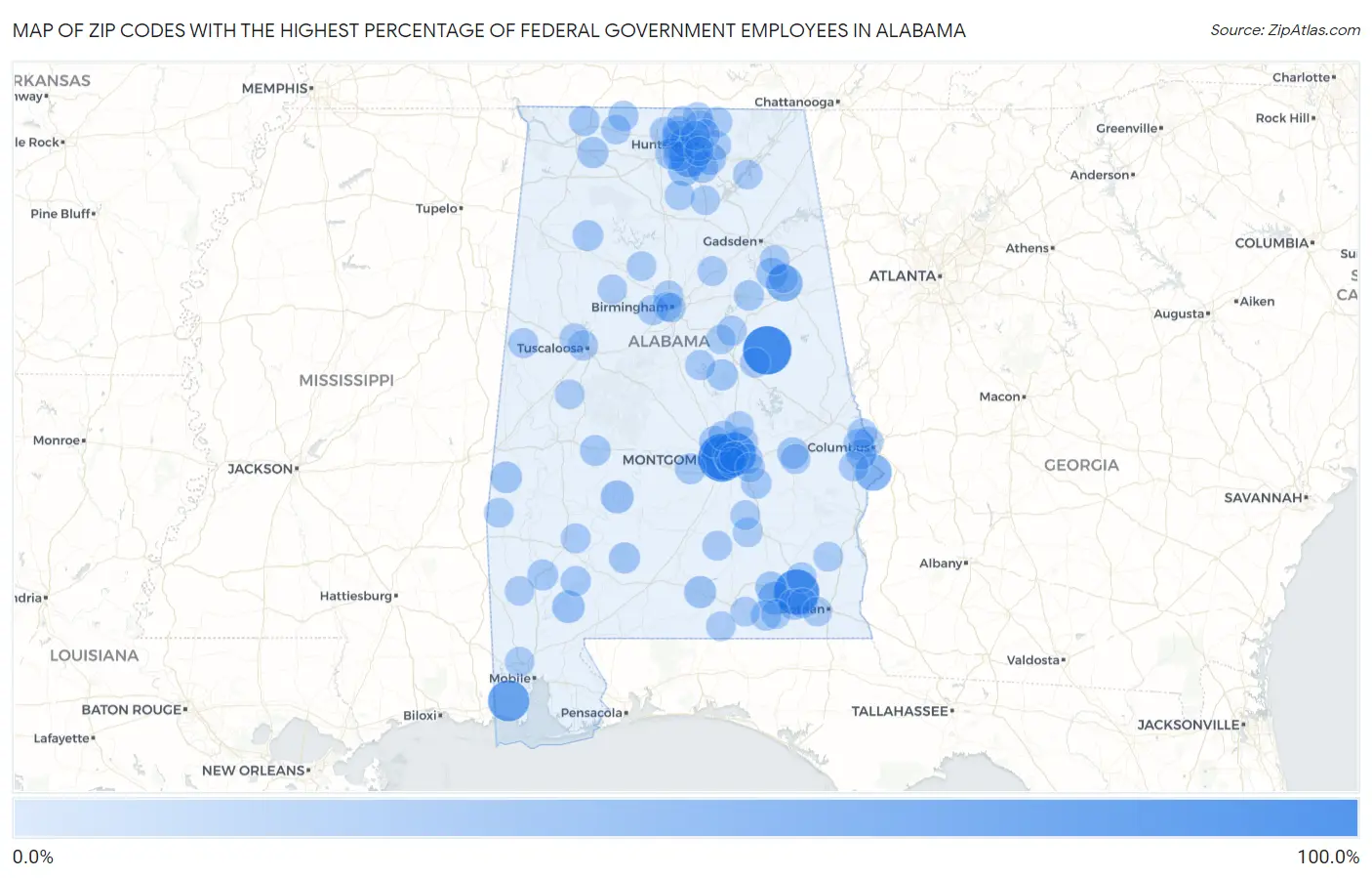 Zip Codes with the Highest Percentage of Federal Government Employees in Alabama Map