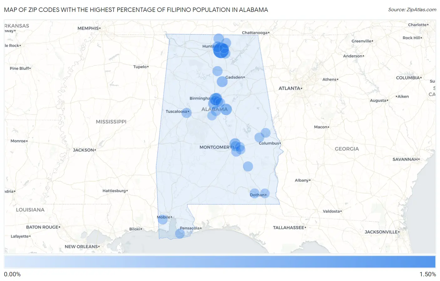 Zip Codes with the Highest Percentage of Filipino Population in Alabama Map