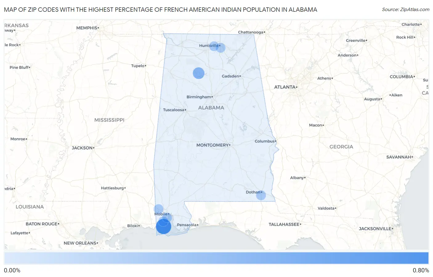 Zip Codes with the Highest Percentage of French American Indian Population in Alabama Map