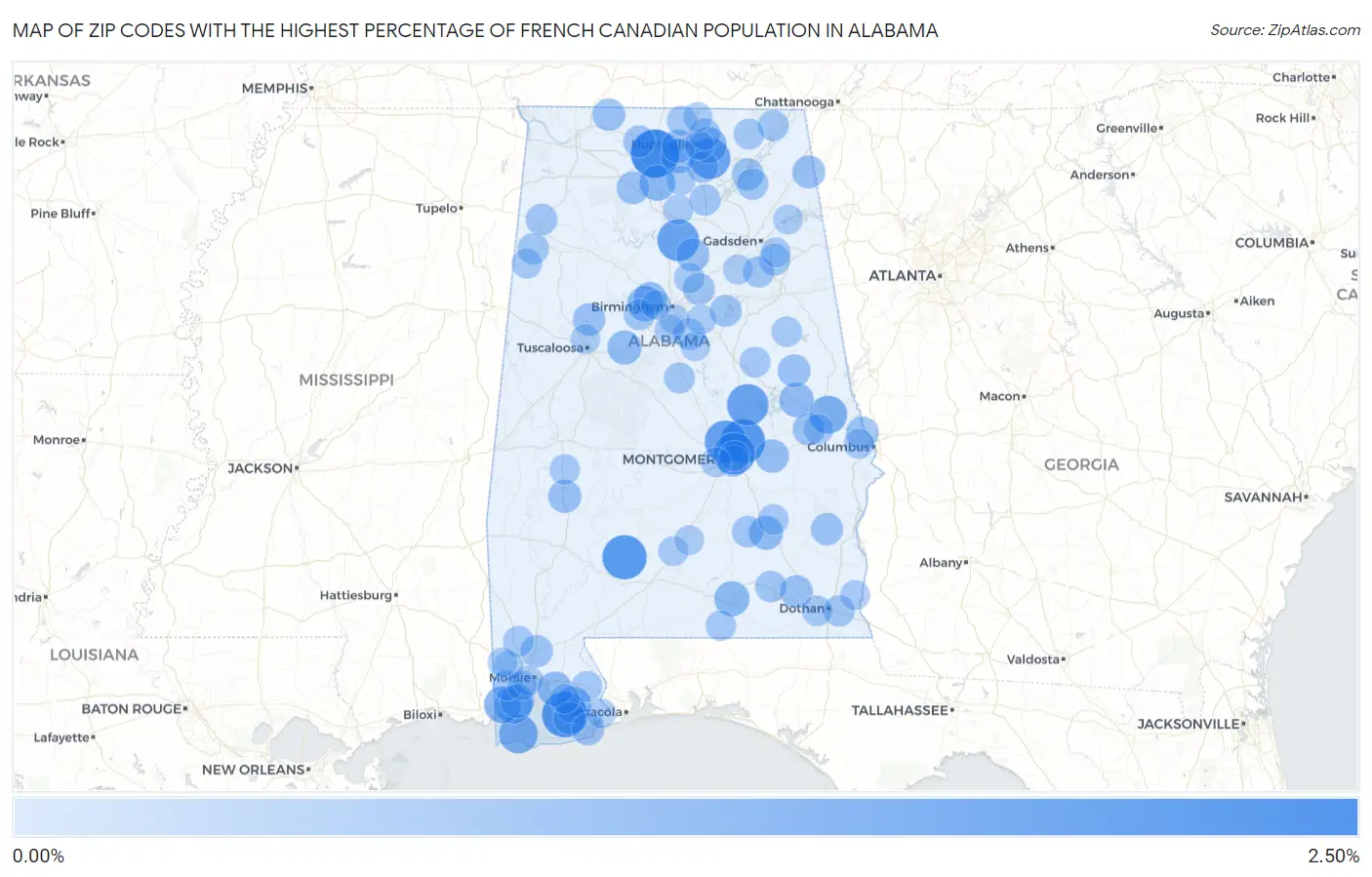 Zip Codes with the Highest Percentage of French Canadian Population in Alabama Map
