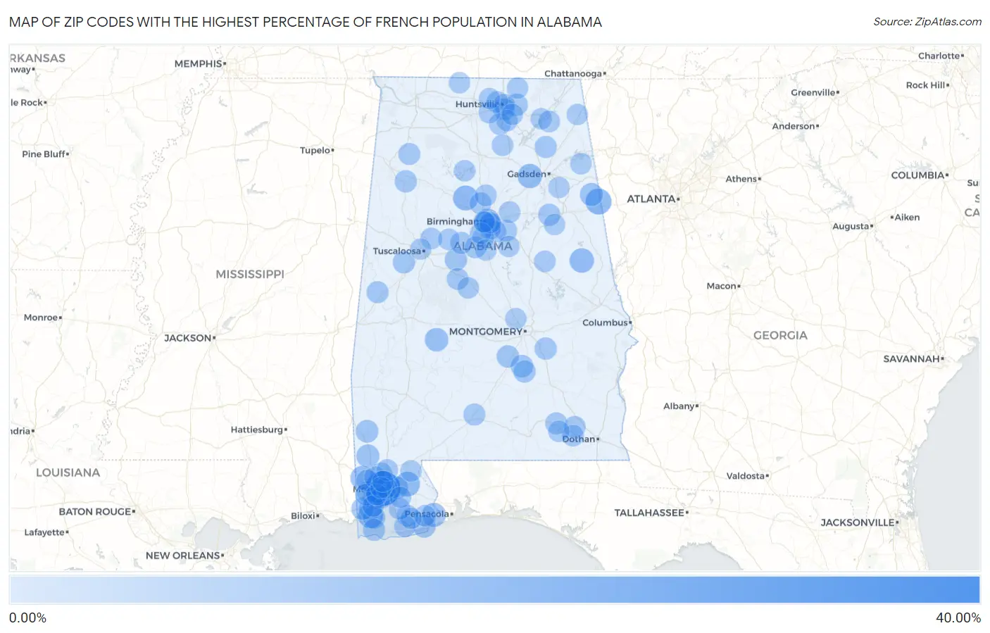 Zip Codes with the Highest Percentage of French Population in Alabama Map