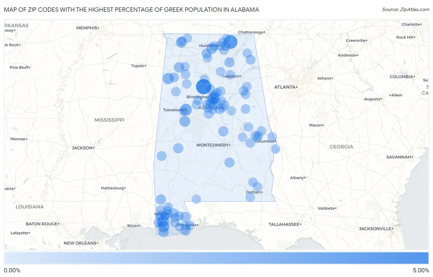 Zip Codes with the Highest Percentage of Greek Population in Alabama Map