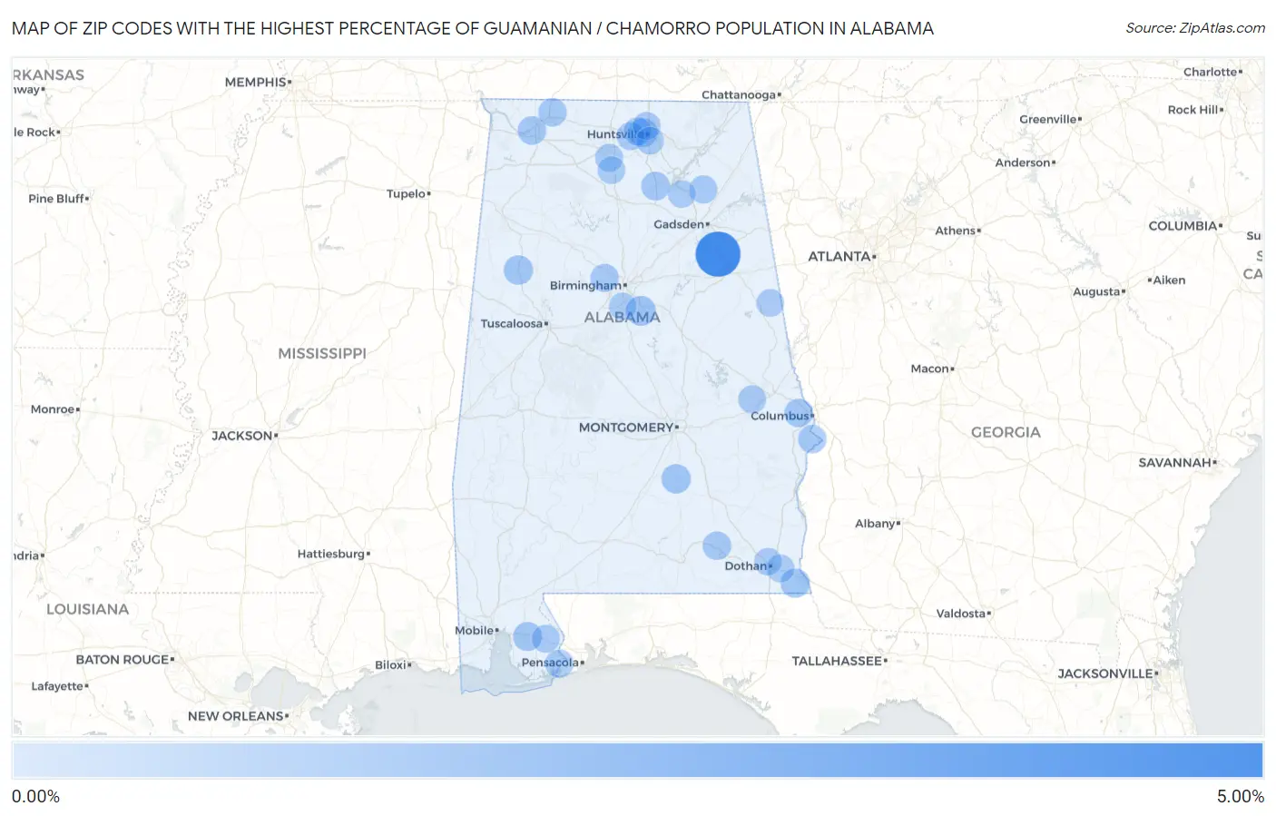 Zip Codes with the Highest Percentage of Guamanian / Chamorro Population in Alabama Map