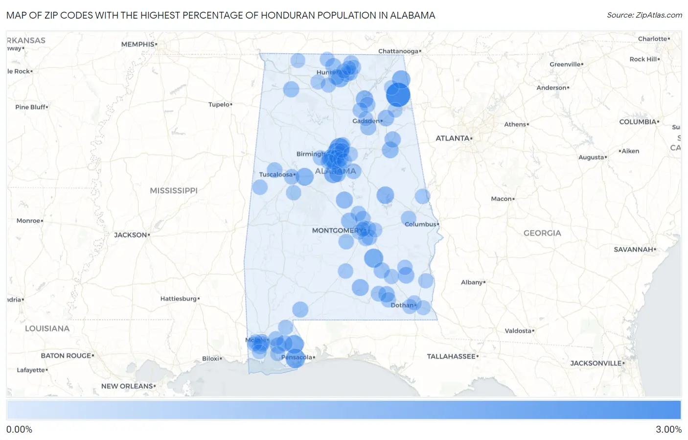 Zip Codes with the Highest Percentage of Honduran Population in Alabama Map
