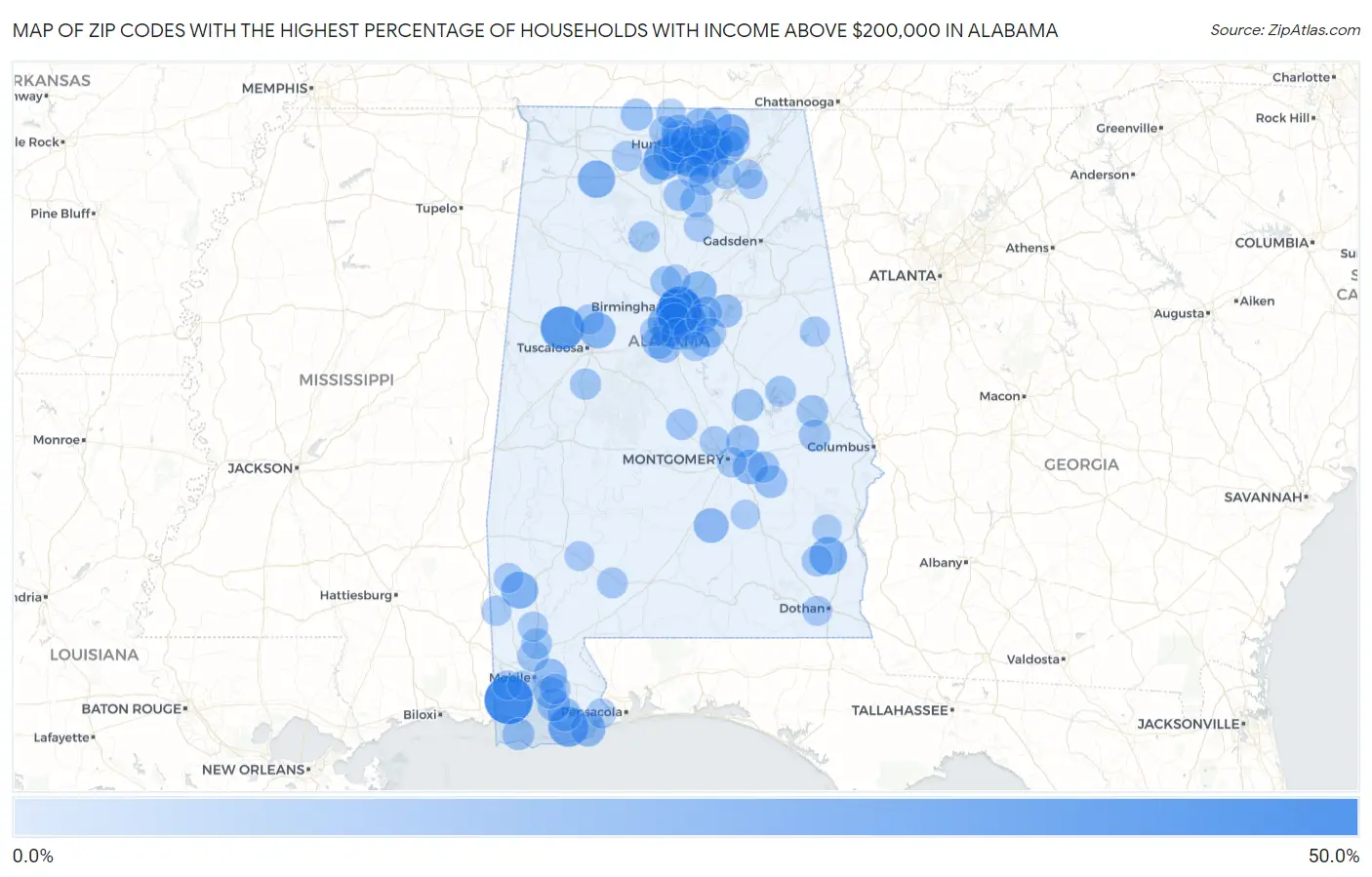 Zip Codes with the Highest Percentage of Households with Income Above $200,000 in Alabama Map