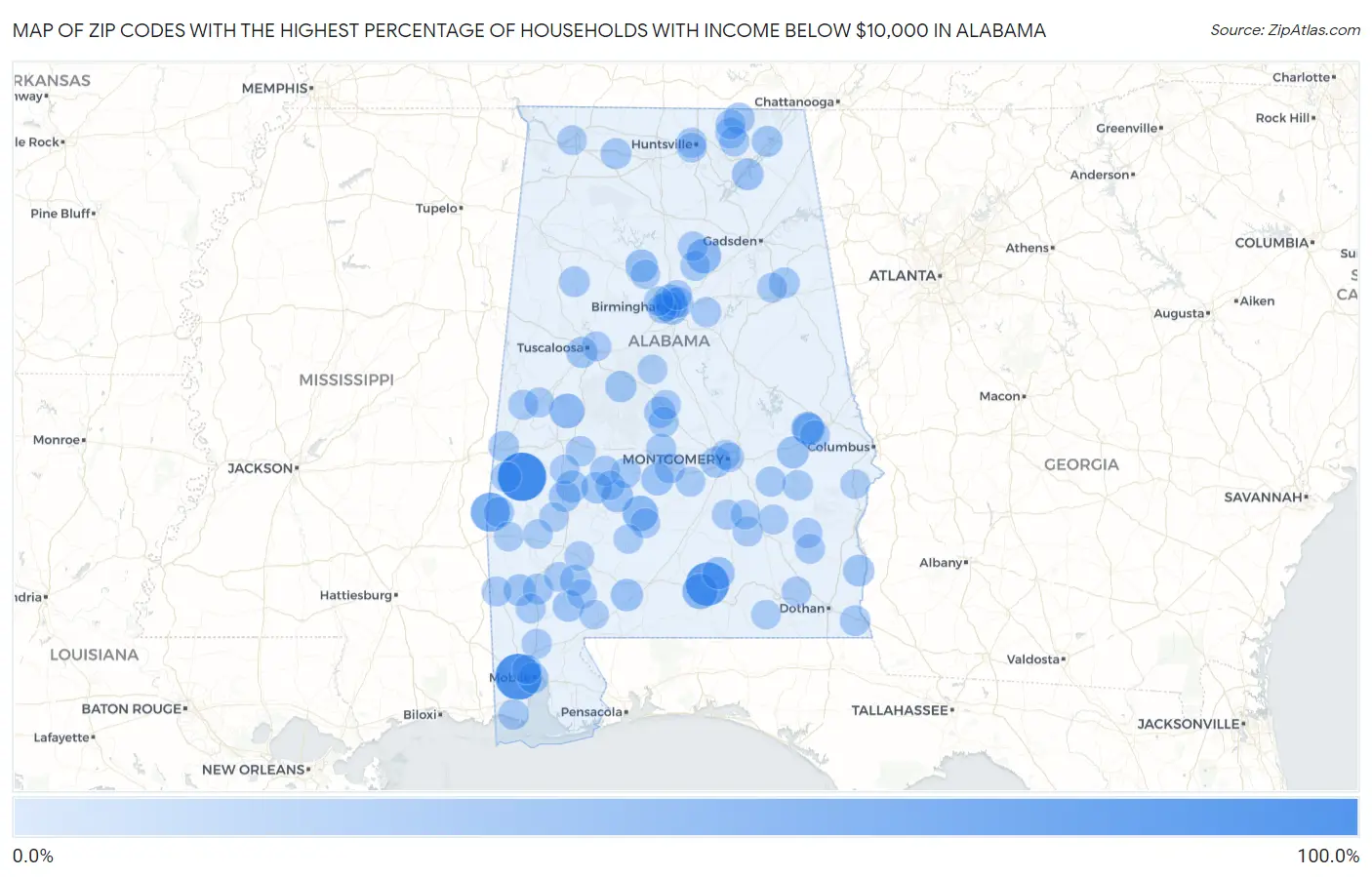 Zip Codes with the Highest Percentage of Households with Income Below $10,000 in Alabama Map