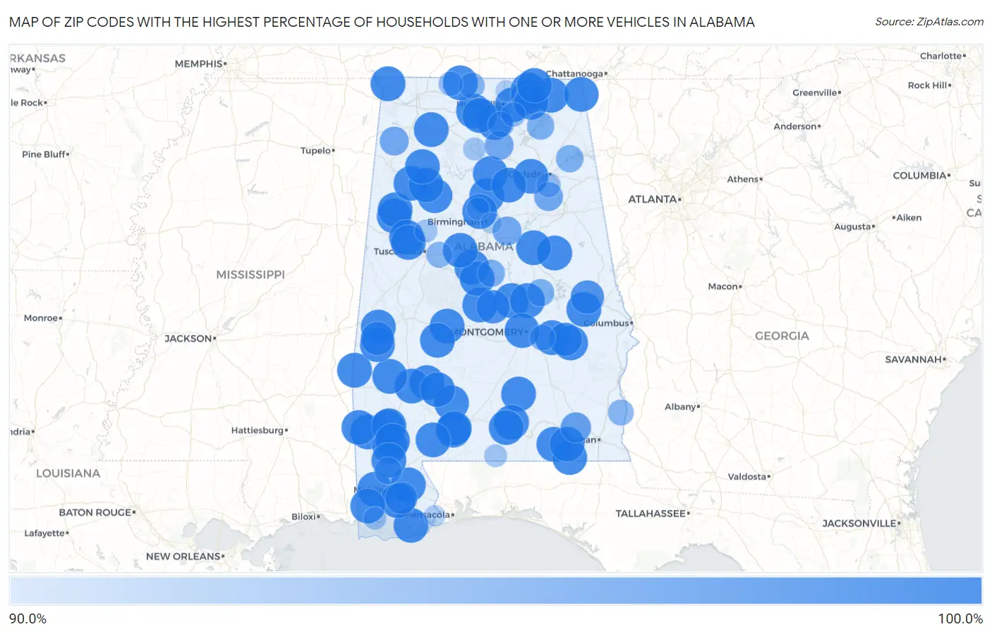 Zip Codes with the Highest Percentage of Households With One or more Vehicles in Alabama Map