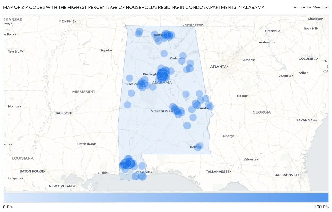 Zip Codes with the Highest Percentage of Households Residing in Condos/Apartments in Alabama Map