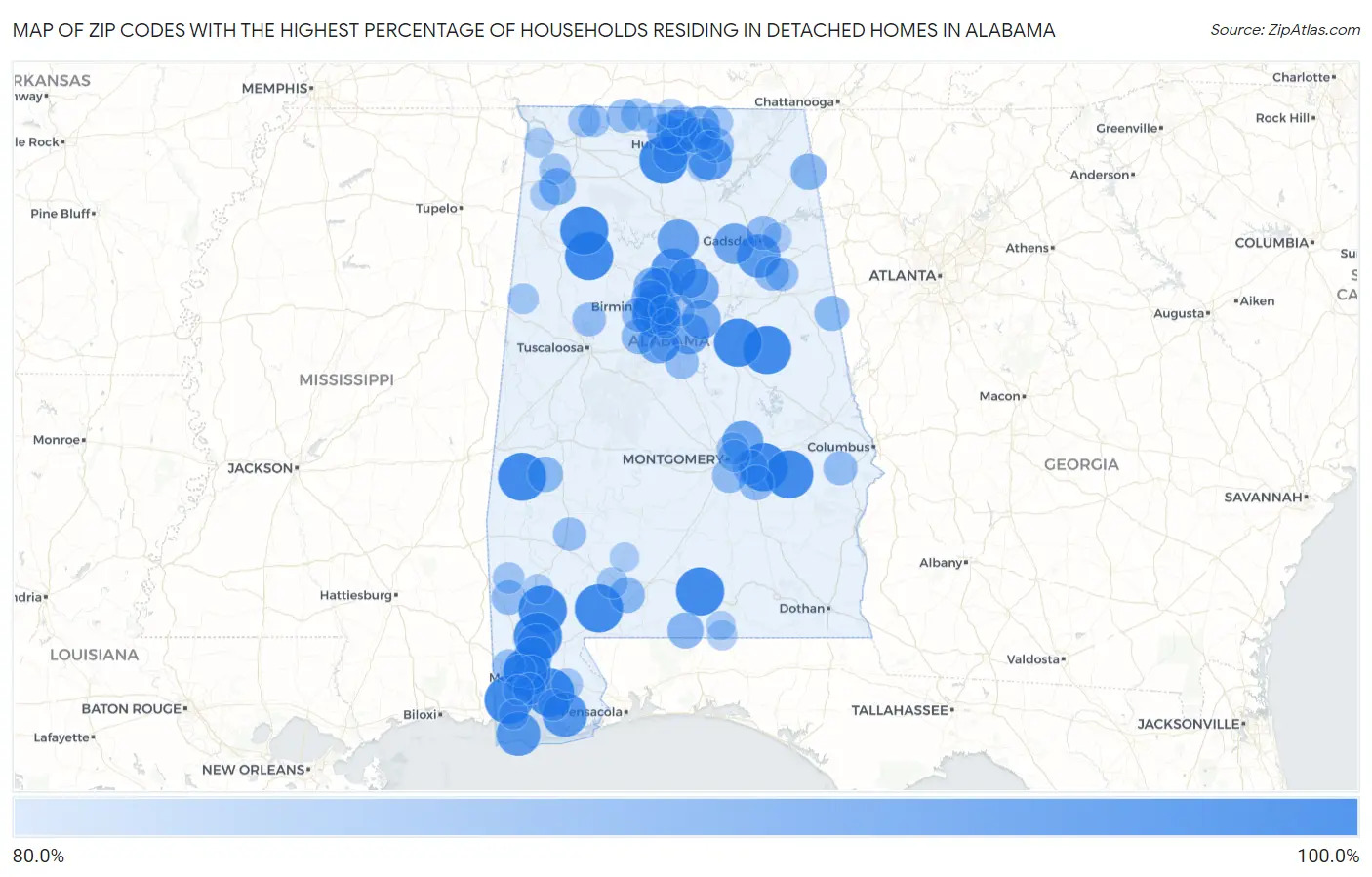 Zip Codes with the Highest Percentage of Households Residing in Detached Homes in Alabama Map