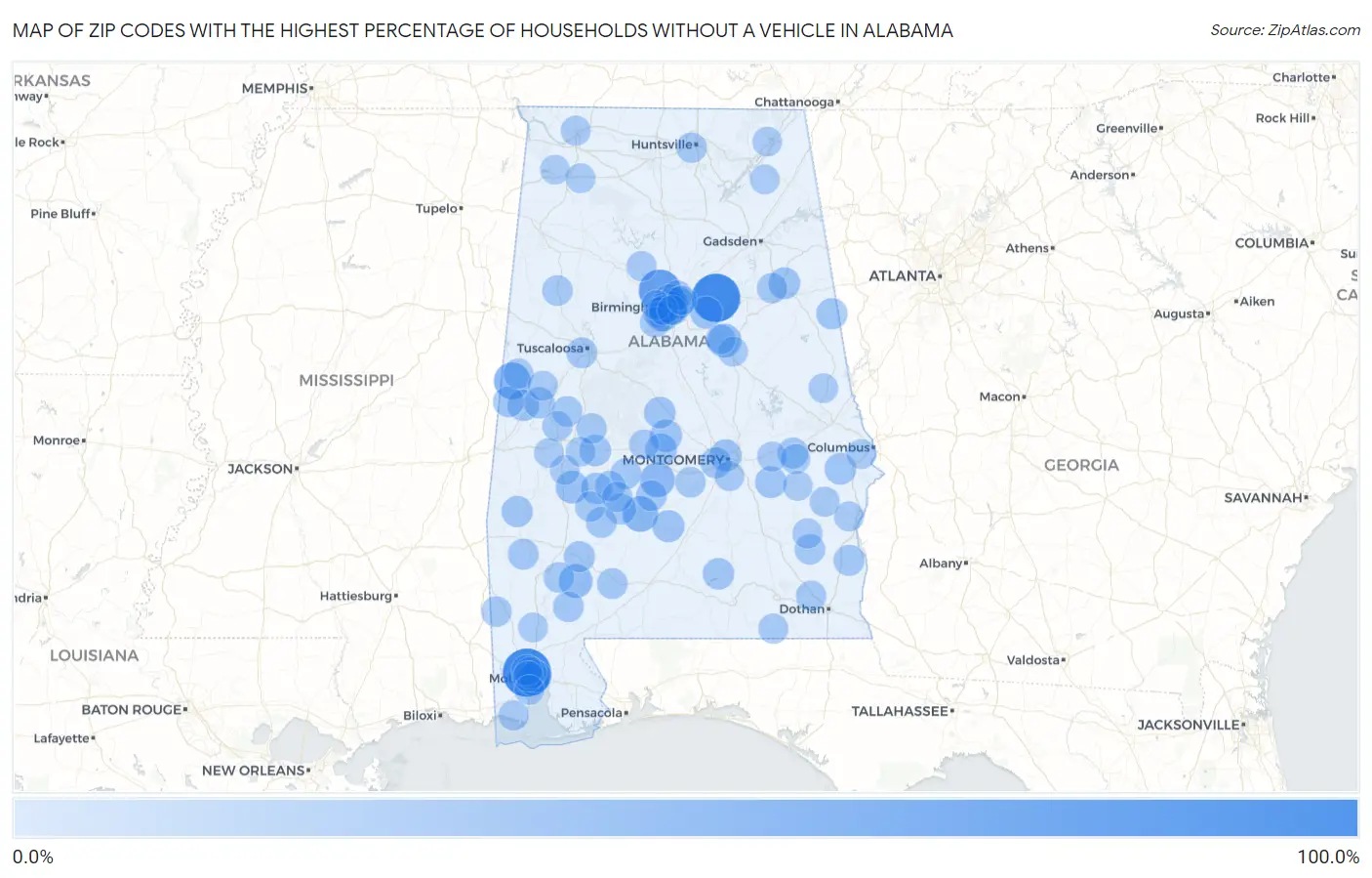 Zip Codes with the Highest Percentage of Households Without a Vehicle in Alabama Map