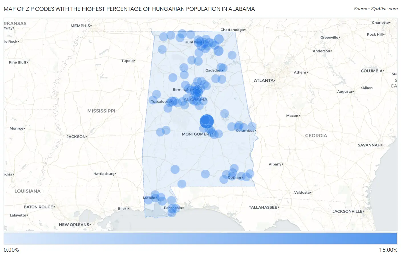 Zip Codes with the Highest Percentage of Hungarian Population in Alabama Map