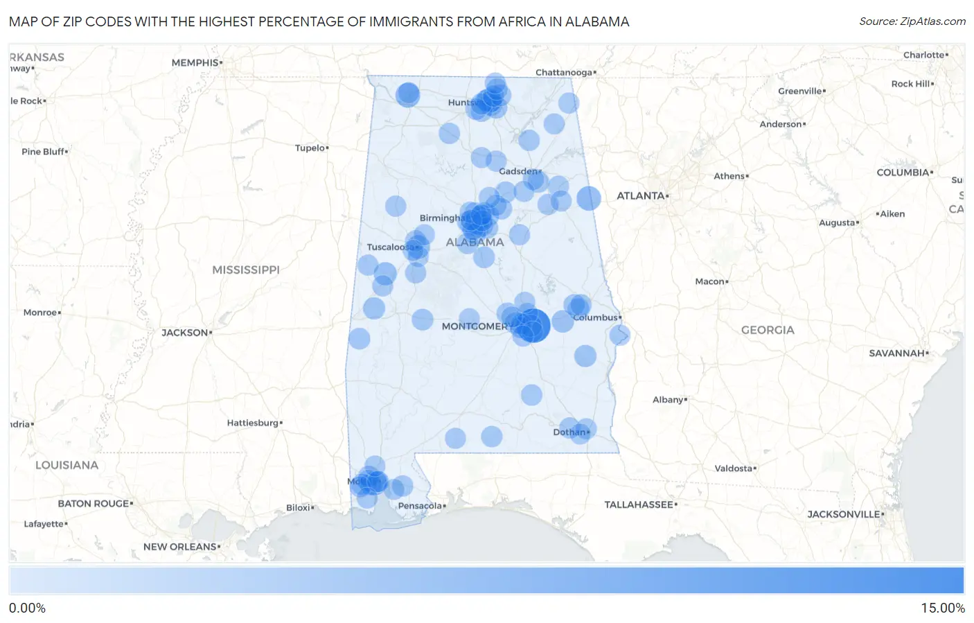 Zip Codes with the Highest Percentage of Immigrants from Africa in Alabama Map