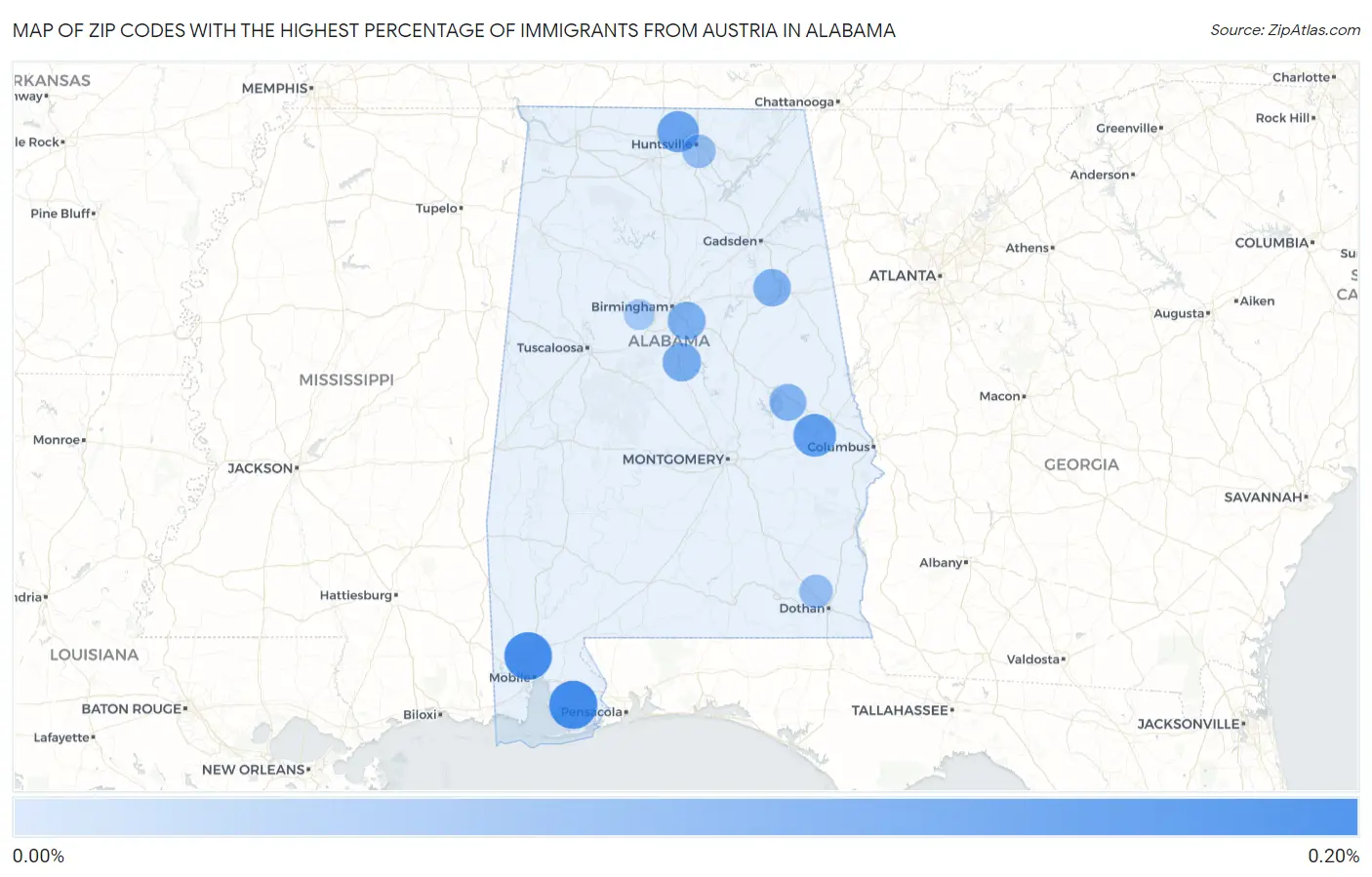 Zip Codes with the Highest Percentage of Immigrants from Austria in Alabama Map