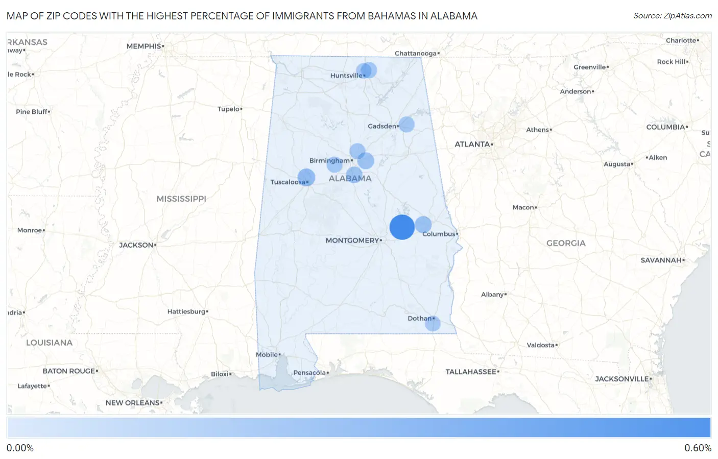 Zip Codes with the Highest Percentage of Immigrants from Bahamas in Alabama Map