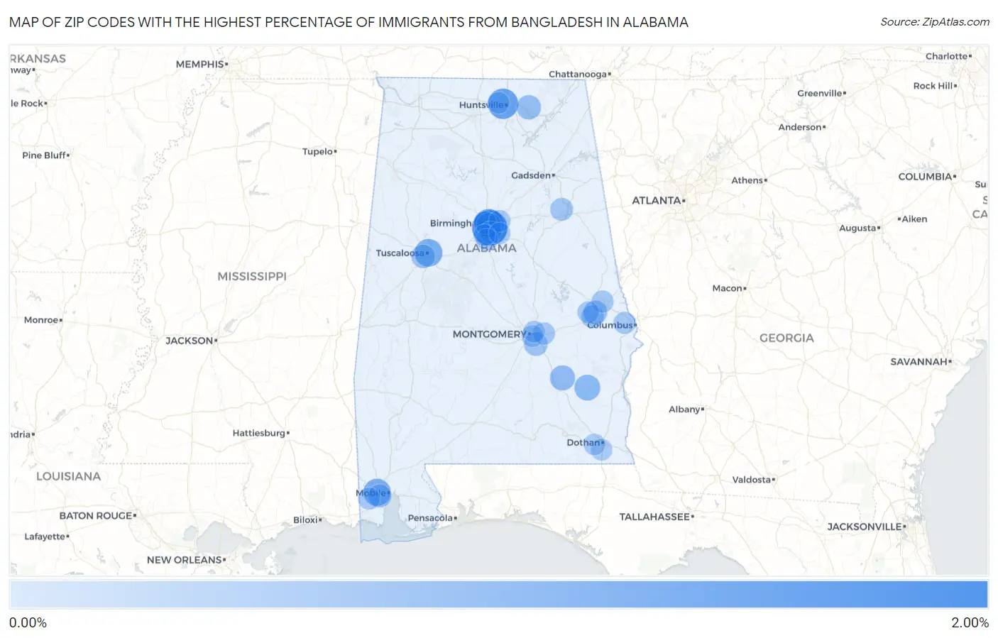 Zip Codes with the Highest Percentage of Immigrants from Bangladesh in Alabama Map