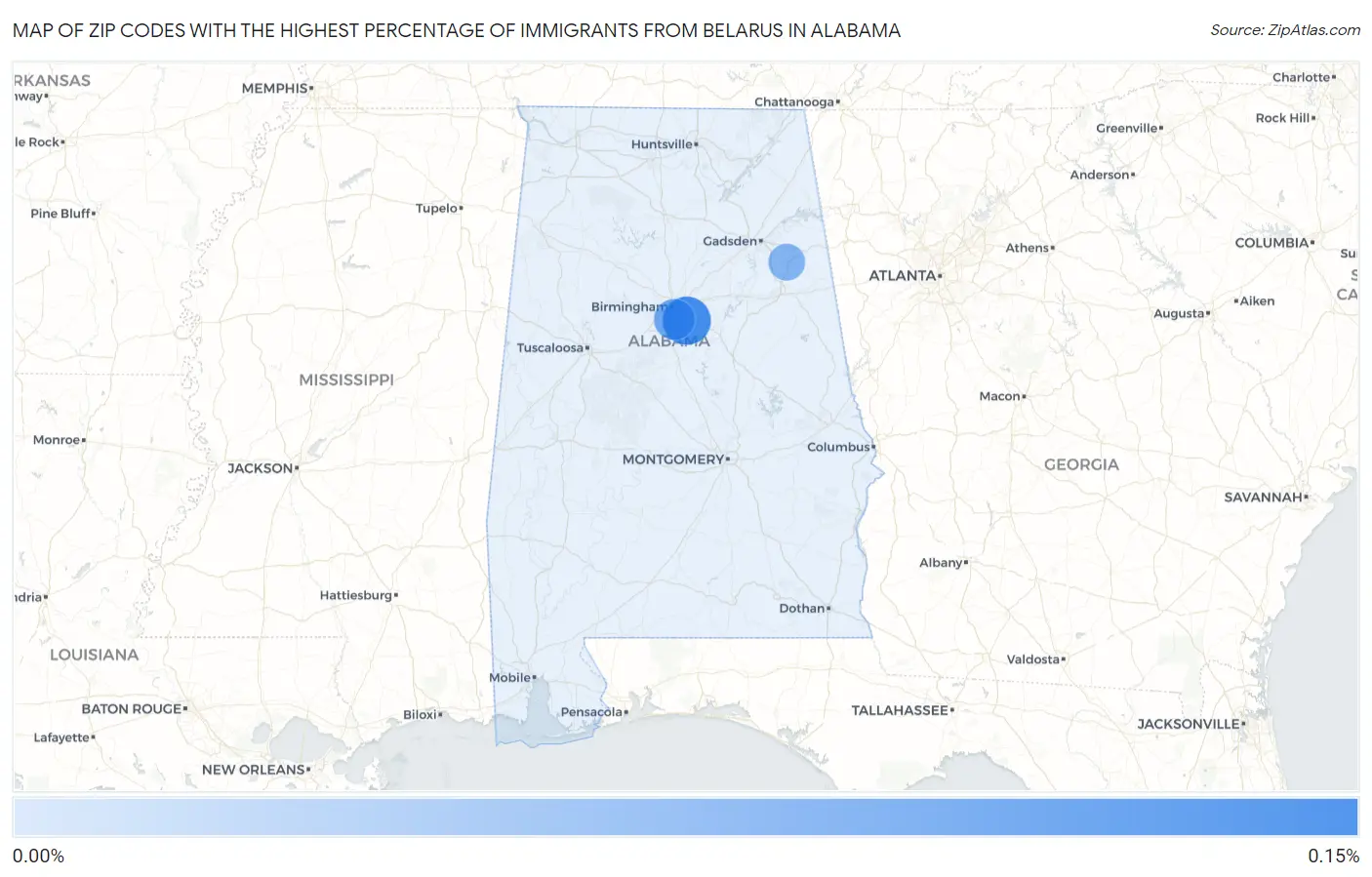 Zip Codes with the Highest Percentage of Immigrants from Belarus in Alabama Map