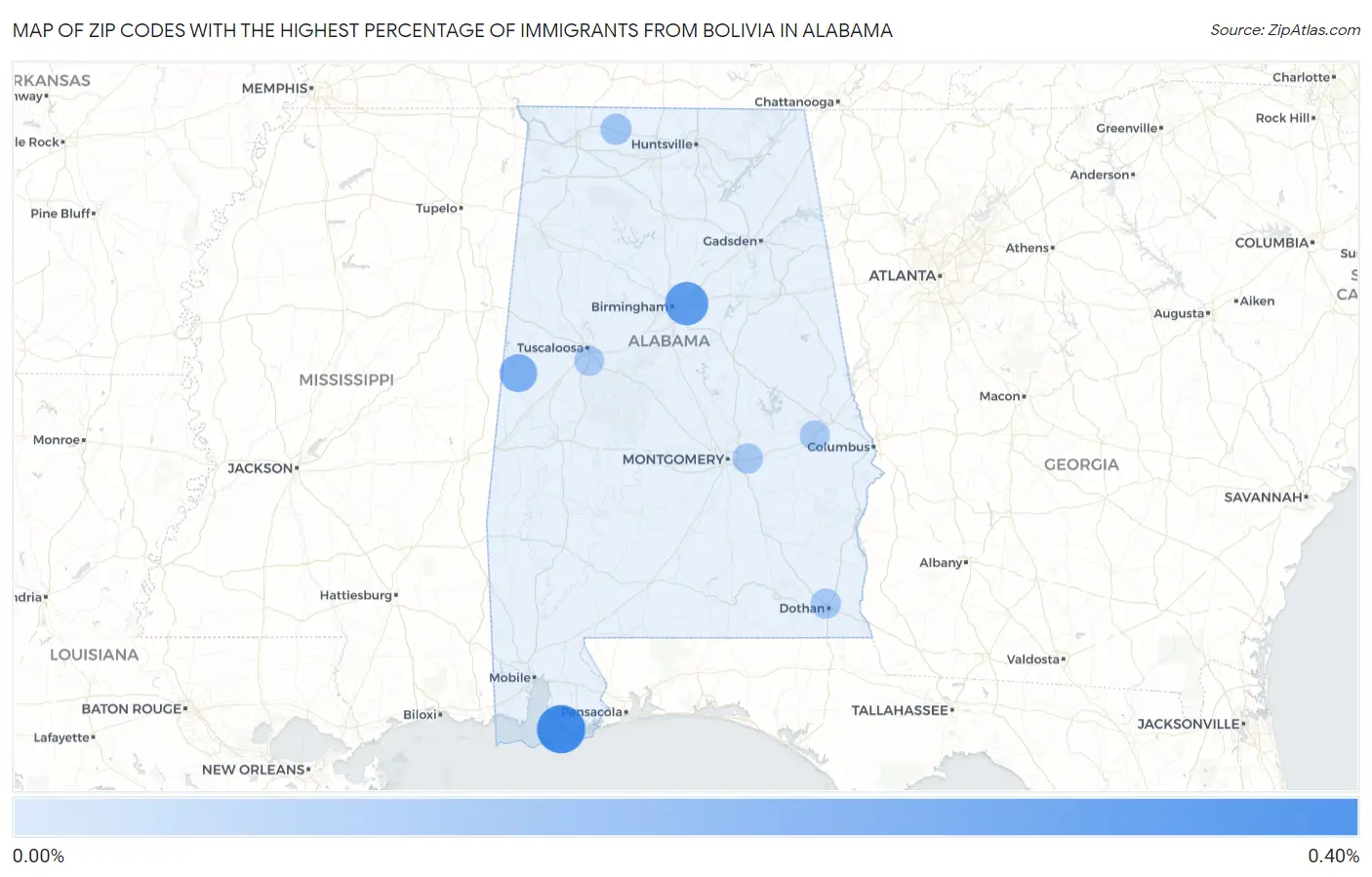 Zip Codes with the Highest Percentage of Immigrants from Bolivia in Alabama Map