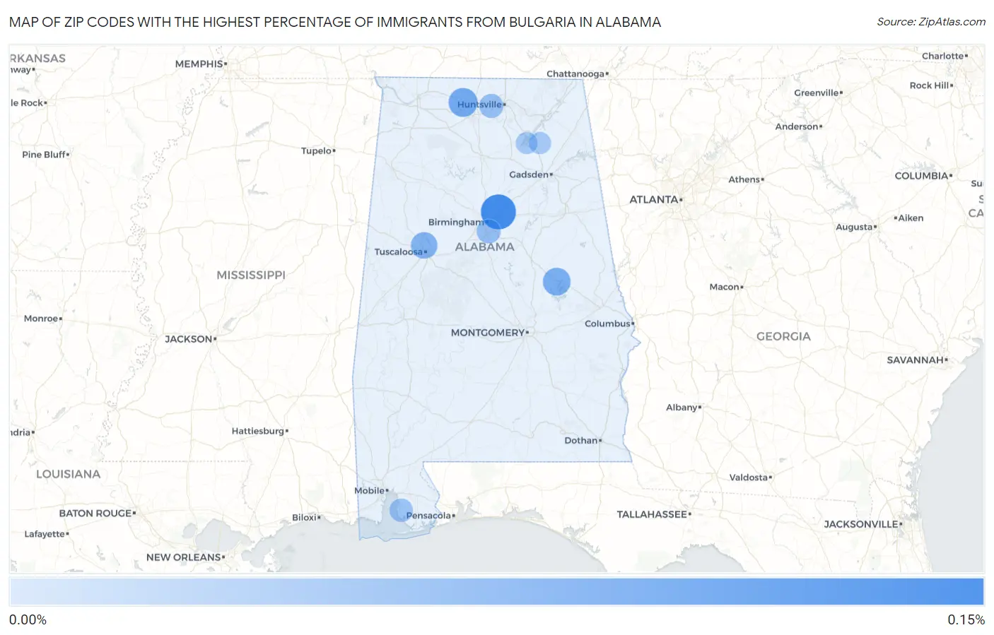Zip Codes with the Highest Percentage of Immigrants from Bulgaria in Alabama Map