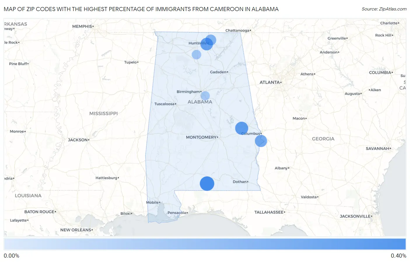 Zip Codes with the Highest Percentage of Immigrants from Cameroon in Alabama Map