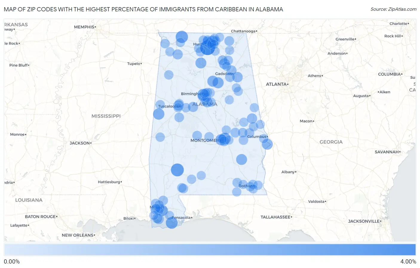Zip Codes with the Highest Percentage of Immigrants from Caribbean in Alabama Map