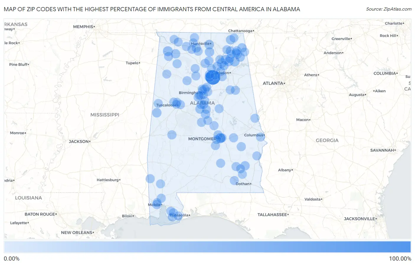 Zip Codes with the Highest Percentage of Immigrants from Central America in Alabama Map