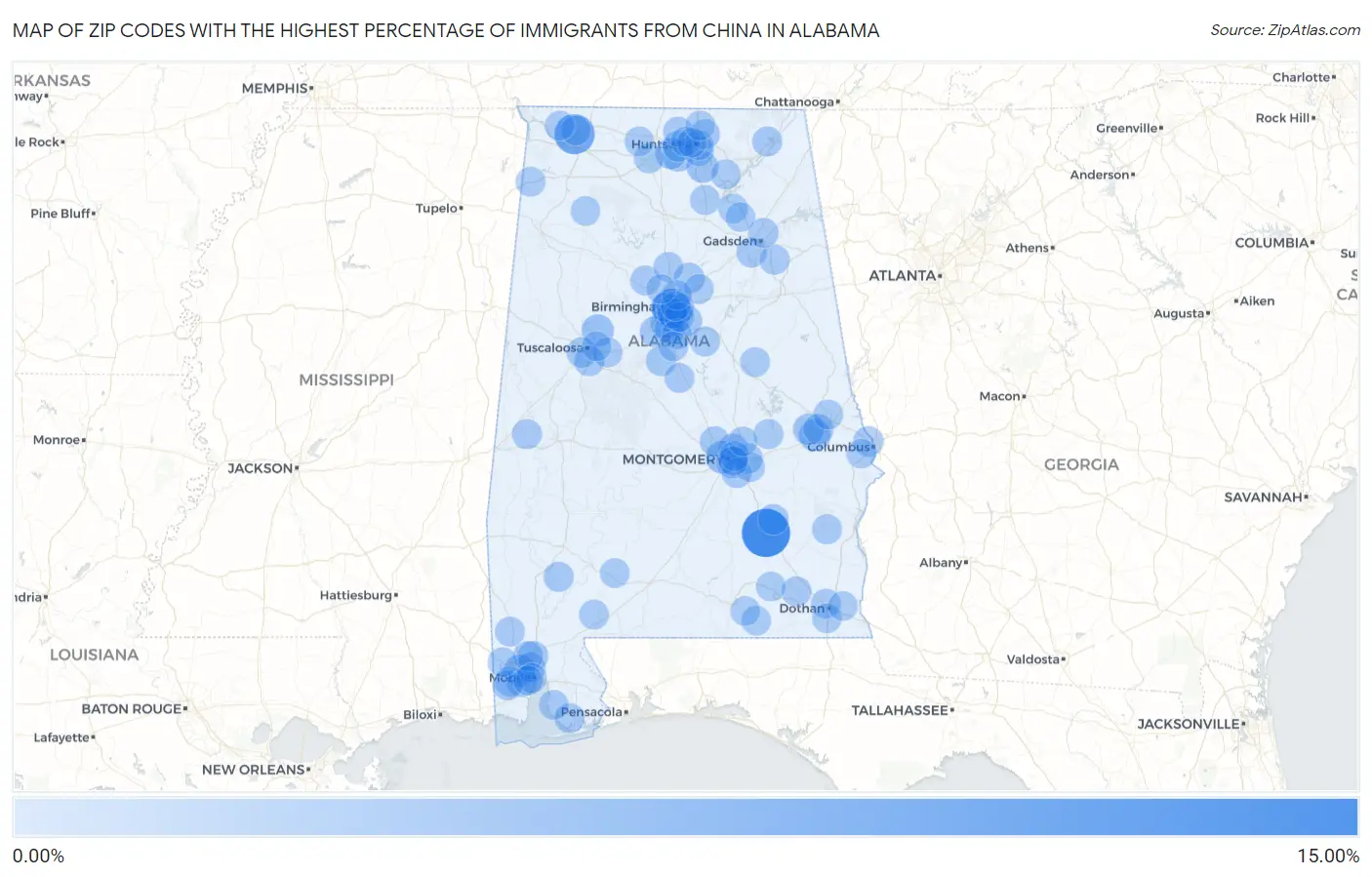 Zip Codes with the Highest Percentage of Immigrants from China in Alabama Map