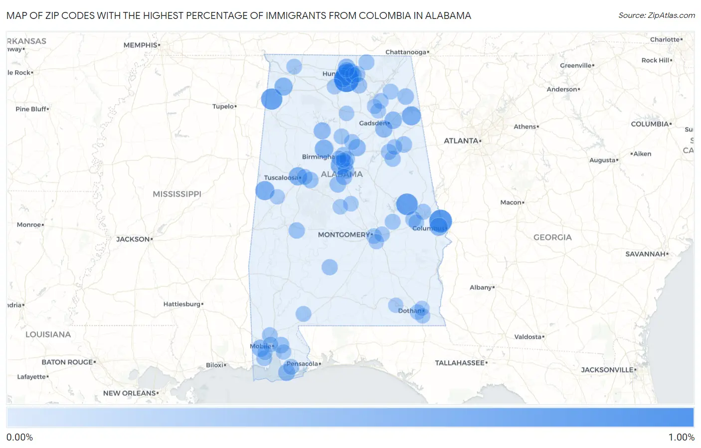 Zip Codes with the Highest Percentage of Immigrants from Colombia in Alabama Map