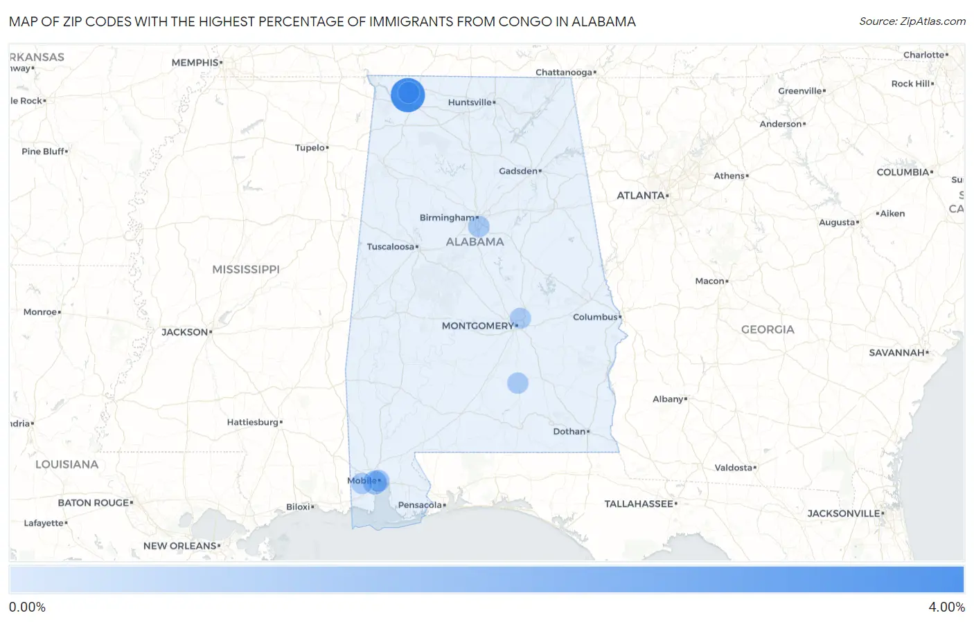 Zip Codes with the Highest Percentage of Immigrants from Congo in Alabama Map
